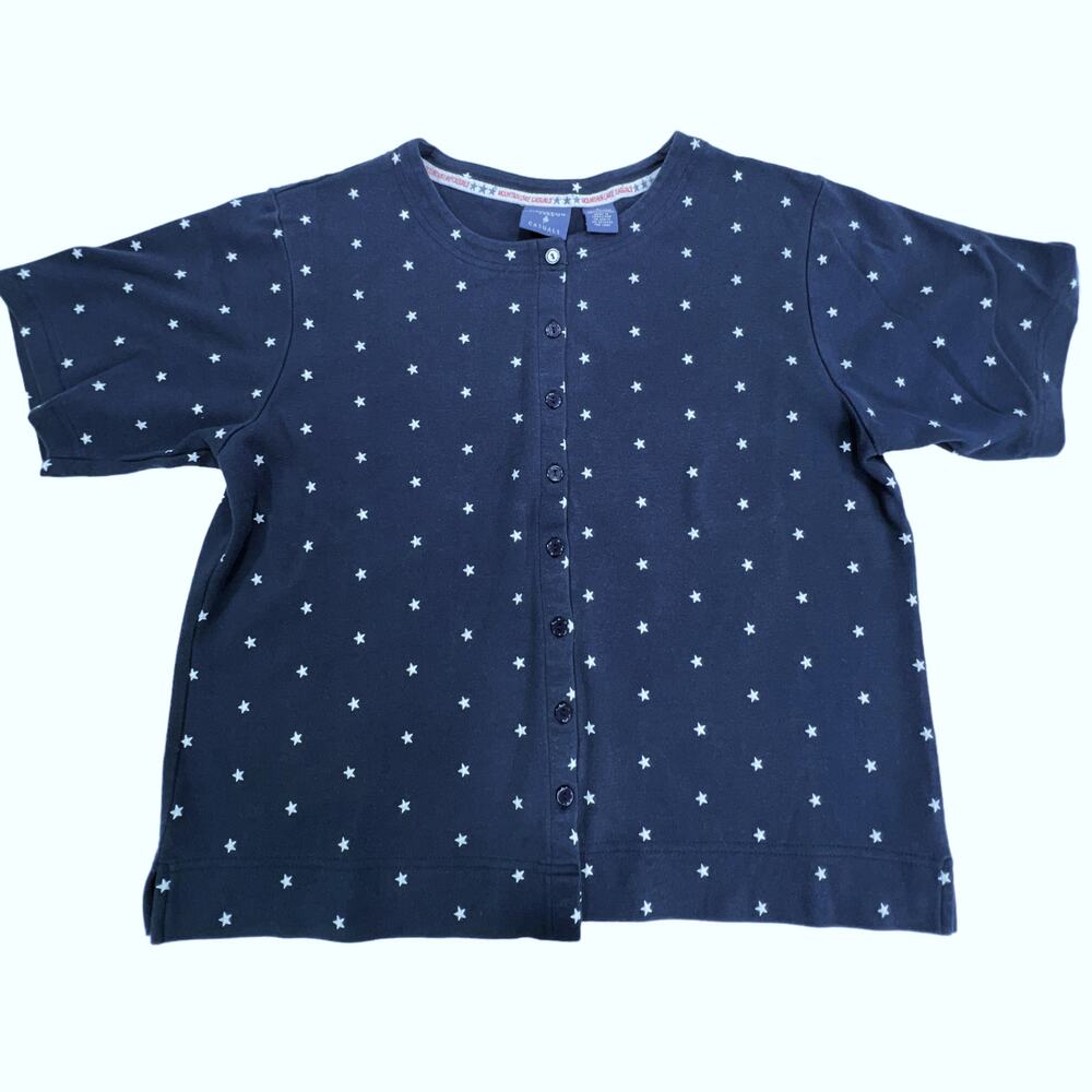 Mountain Lake Casuals Navy Blue Star Print Button Front Short Sleeve Top Large